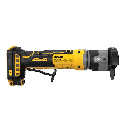 DEWALT cordless grinder, photography category, SKUs DCG430N-XJ, DCG430N. Yellow/black body, side view.