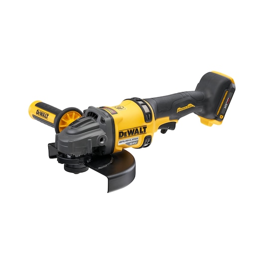 DEWALT cordless angle grinder with brushless motor, yellow and black design, side handle, 54V battery.