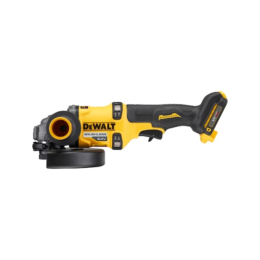 DEWALT cordless brushless angle grinder, yellow and black, 54V power tool shown side view.