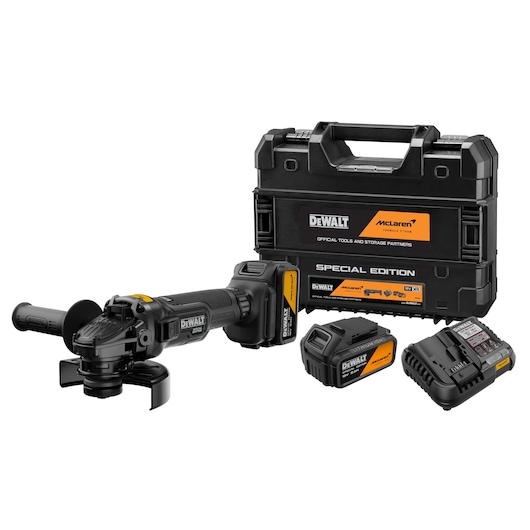 DEWALT DCG45MP2T-QW, DCG45MP2T grinder kit with batteries, charger, and special edition case.