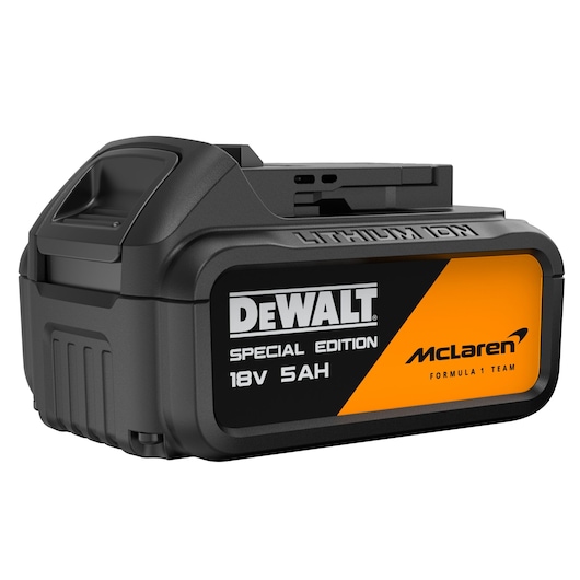 DEWALT DCG45MP2T-QW, DCG45MP2T 18V 5Ah Special Edition battery, McLaren branding, photography product.