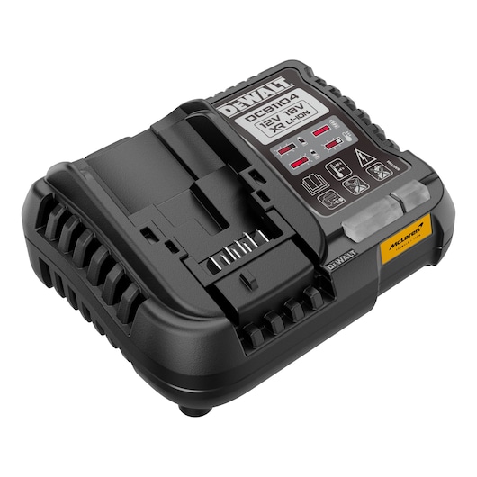 DEWALT photography product DCG45MP2T-QW, DCG45MP2T. Shown: black battery charger with label and indicators.