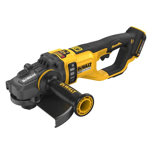 DEWALT DCG460NK cordless angle grinder with ergonomic handle and brushless motor, shown on white background.