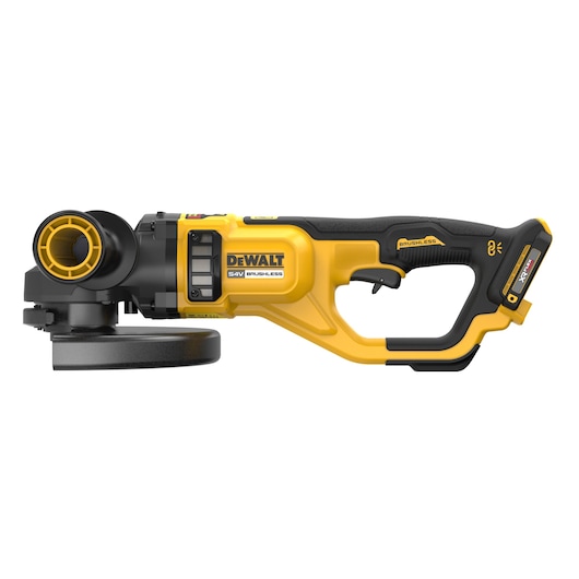 DEWALT DCG460NK 54V cordless brushless angle grinder with black and yellow body, side view.