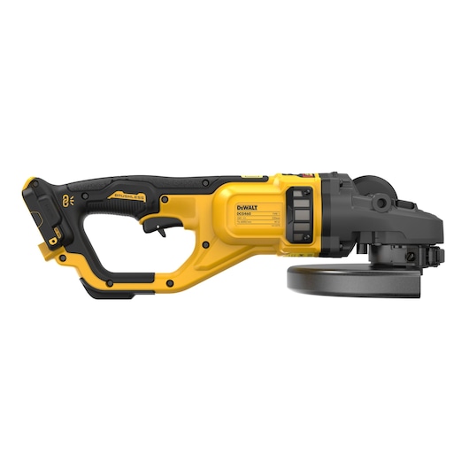 DEWALT DCG460NK cordless brushless angle grinder with yellow and black design, side view.