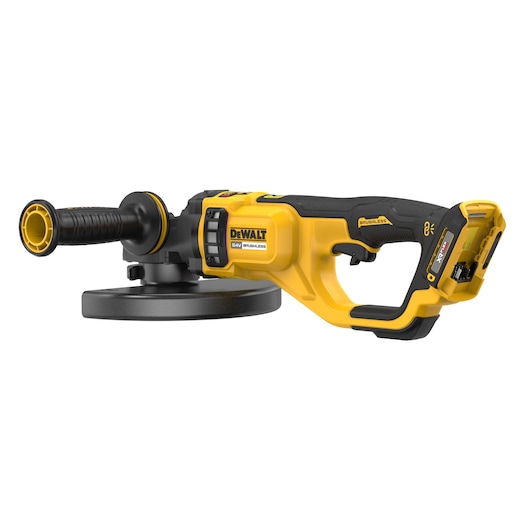 DEWALT cordless yellow brushless grinder with side handle, shown against white background.