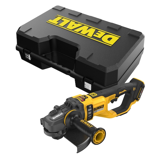 DEWALT cordless angle grinder with black hard carrying case, shown on white background.