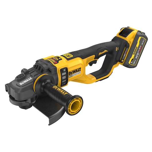 DEWALT cordless angle grinder with 54V XR FLEXVOLT battery, yellow and black, side handle attached.