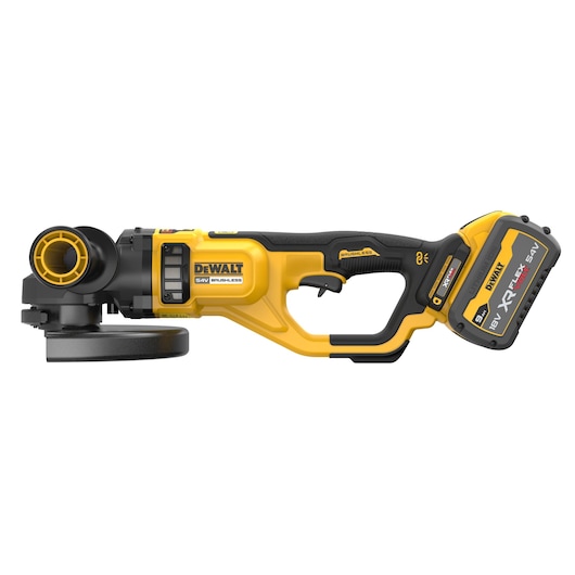 DEWALT cordless angle grinder tool, yellow and black, with 54V XR FlexVolt battery visible on handle.