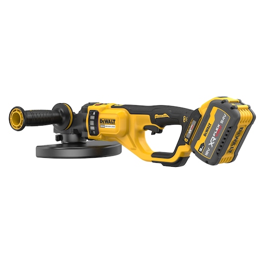 DEWALT cordless brushless grinder with a side handle and battery pack, shown on a white background.
