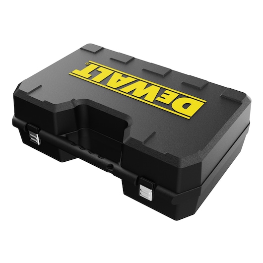 Black DEWALT carrying case with yellow logo and secure clasps, suitable for storing and transporting tools.
