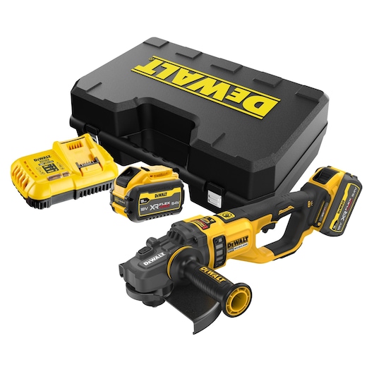 DEWALT cordless grinder kit with battery, charger, case, and accessories displayed on white background.