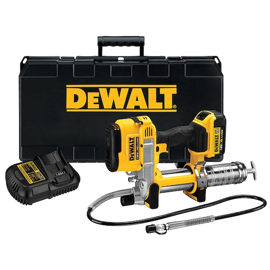 DEWALT cordless grease gun kit with battery, charger, flexible hose, and carrying case.