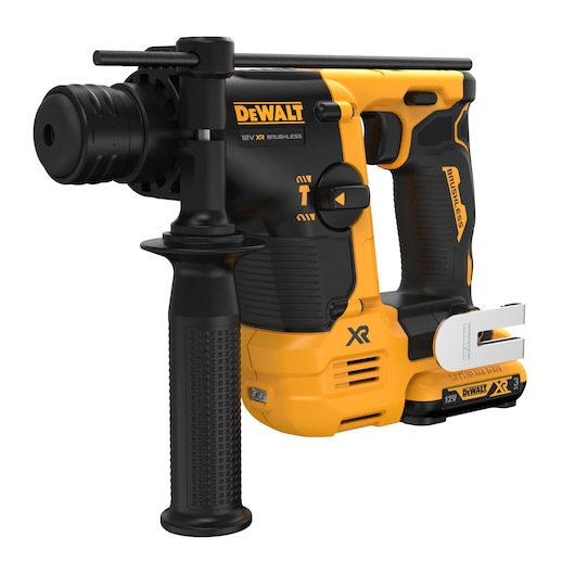 DEWALT 12V XR brushless rotary hammer drill with black handle and yellow body, side view.