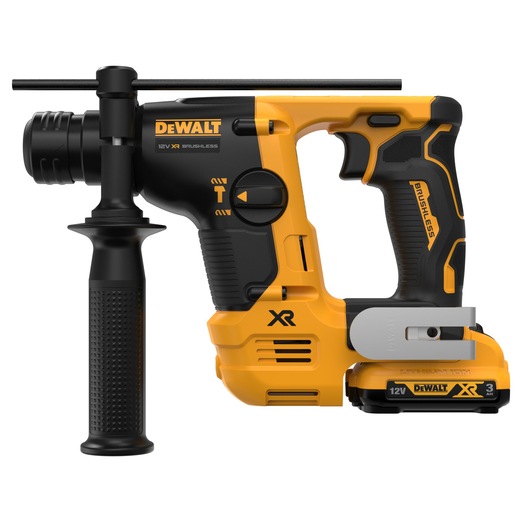 DEWALT cordless rotary hammer drill with a side handle and XR 12V battery, shown in yellow and black.