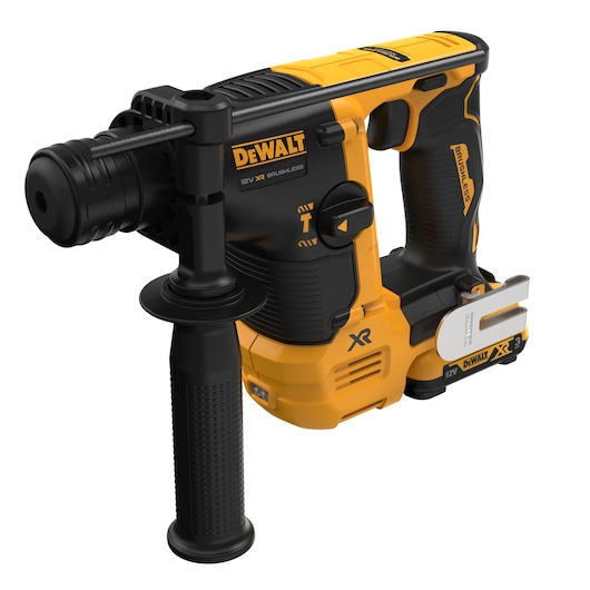 DEWALT 12V brushless cordless rotary hammer drill with side handle and yellow-black body.