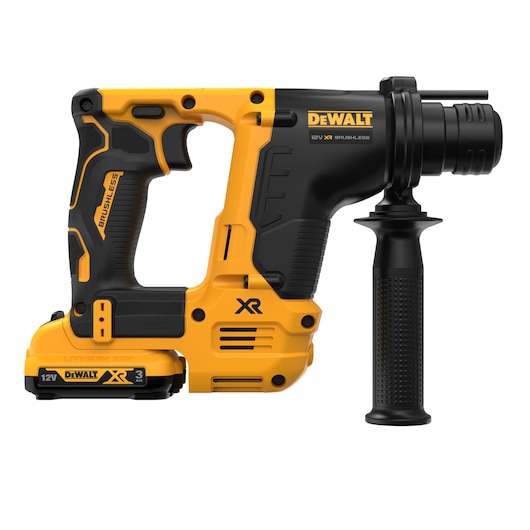 DEWALT 12V XR cordless rotary hammer drill with black and yellow body and side handle.