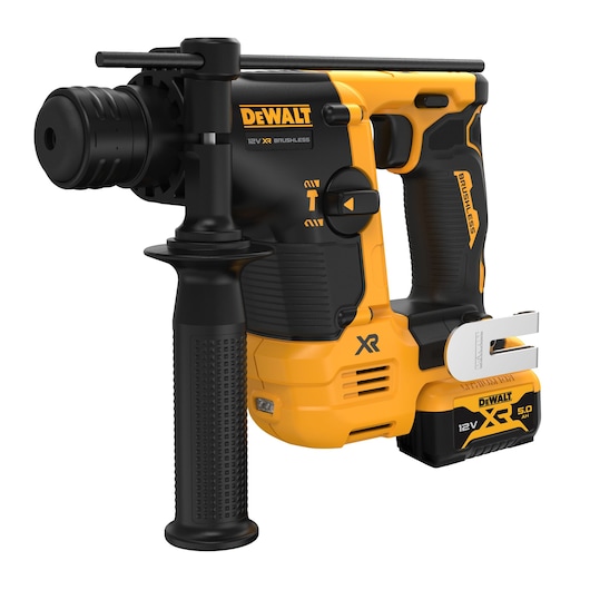 DEWALT 12V XR brushless rotary hammer drill with side handle and battery, shown close-up.