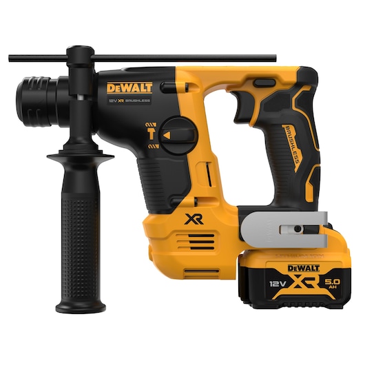 DEWALT 12V XR cordless rotary hammer drill with side handle and battery pack shown on a white background.