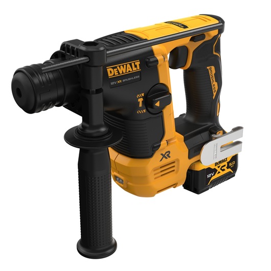 DEWALT cordless rotary hammer drill, black and yellow, with side handle and 12V XR battery attached.