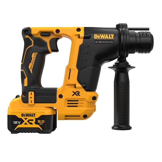 DEWALT 12V XR cordless rotary hammer with side handle and battery, black and yellow design.