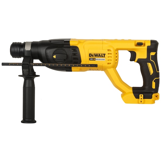 Yellow and black DEWALT cordless rotary hammer drill with side handle, shown on a white background.