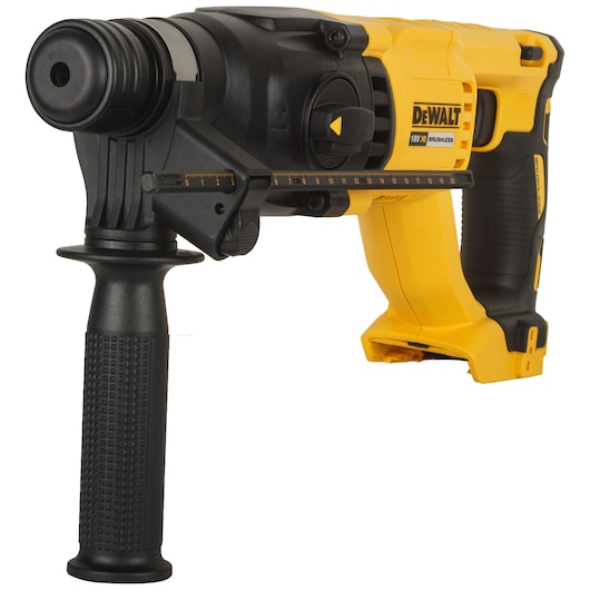 Yellow and black DEWALT cordless rotary hammer drill with side handle and depth gauge.