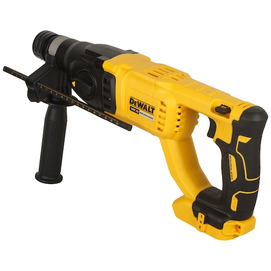 DEWALT yellow cordless rotary hammer drill with side handle and depth gauge.