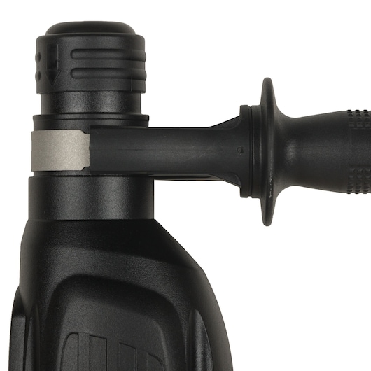 Close-up of a black DEWALT rotary hammer drill handle and body, showing textured grip and design details.