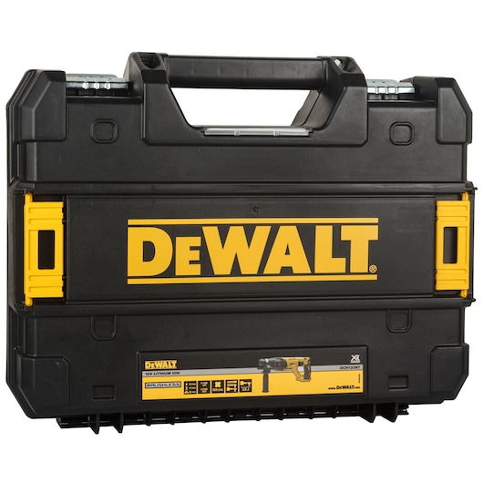 Black and yellow DEWALT tool case with handle and product label on the front.
