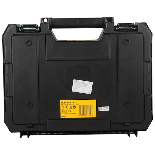 Black DEWALT DCH133NT-XJ tool case with handle, yellow label and product details visible on front.