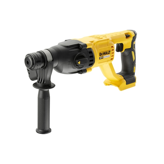 Yellow and black DEWALT cordless rotary hammer drill with side handle, model DCH133N.