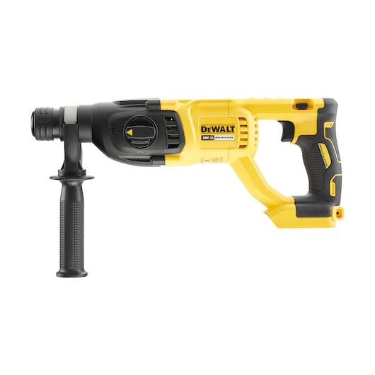 DEWALT yellow cordless rotary hammer drill with black handle, side grip and trigger.