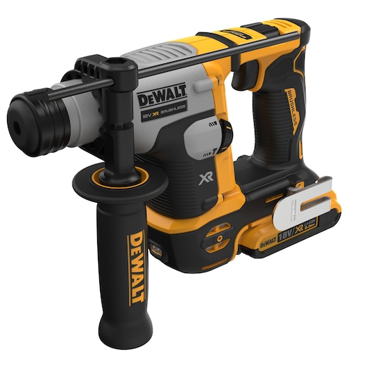 DEWALT 18V cordless rotary hammer drill with handle and battery, yellow and black design.