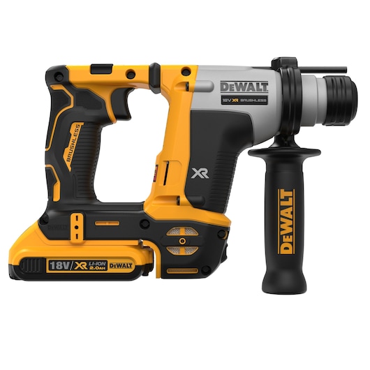 DEWALT 18V cordless rotary hammer drill, yellow and black, with side handle and brushless XR motor.