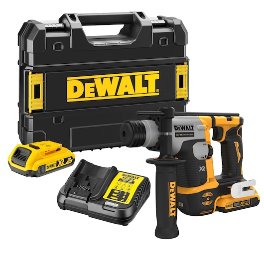A DEWALT cordless rotary hammer drill kit, including a black and yellow hard carrying case, a battery, a charger, and the rotary hammer drill.