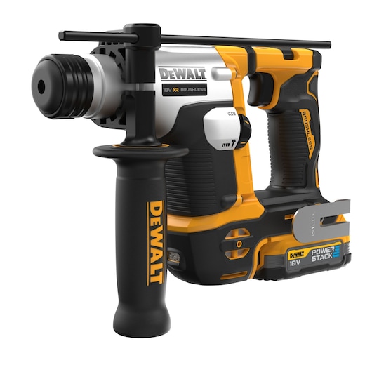A DEWALT 18V XR brushless rotary hammer drill, featuring a black and yellow design, ergonomic handle with DEWALT branding, auxiliary handle, and POWERSTACK battery.