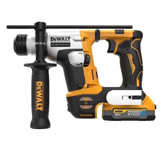 DEWALT 18V XR brushless rotary hammer drill with POWERSTACK battery, featuring a side handle for better grip, shown on a white background.