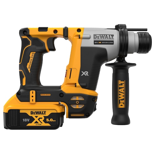 DEWALT 18V XR cordless rotary hammer drill with side handle and 5.0Ah battery, shown on white background.