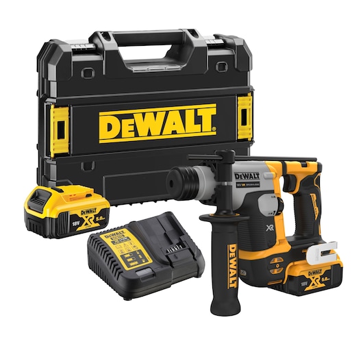 DEWALT cordless rotary hammer drill set including a black and yellow hard carrying case, two 18V XR lithium-ion batteries, a battery charger, and the DCH172P2 rotary hammer drill with side handle.