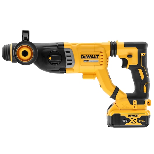 DEWALT 18V cordless rotary hammer drill with XR Li-Ion battery, shown in yellow and black.