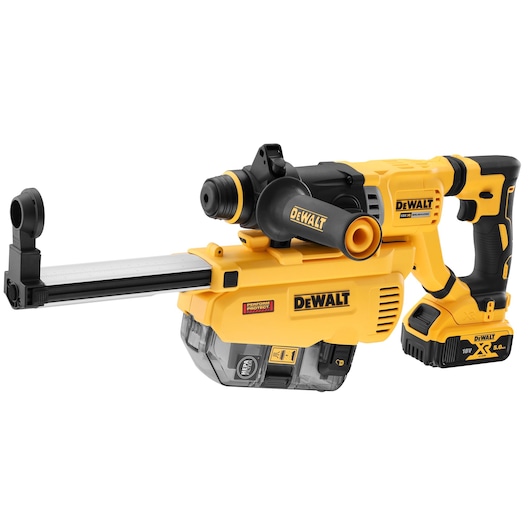 DEWALT cordless rotary hammer drill with dust extractor, yellow and black, 18V battery, side handle attached.