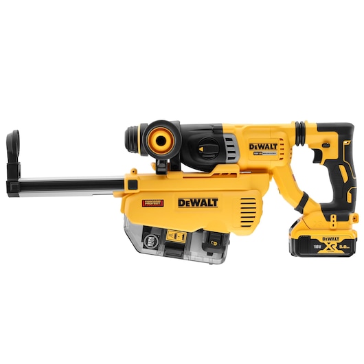 DEWALT DCH263P1 yellow cordless rotary hammer drill with 18V battery and dust extraction attachment.
