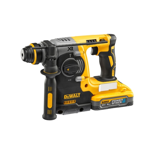 A DEWALT cordless rotary hammer drill with an 18V POWERSTACK battery, featuring a yellow and black design and ergonomic handle.