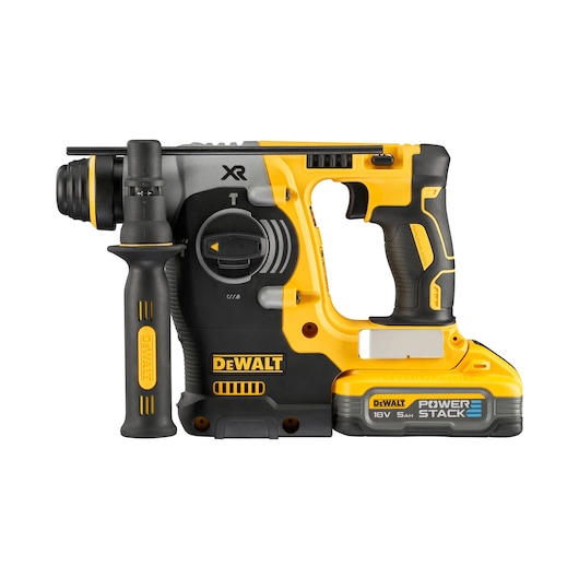 Cordless DEWALT rotary hammer drill with battery, featuring a yellow and black design, side handle, and labeled Power Stack 18V 5Ah battery pack.