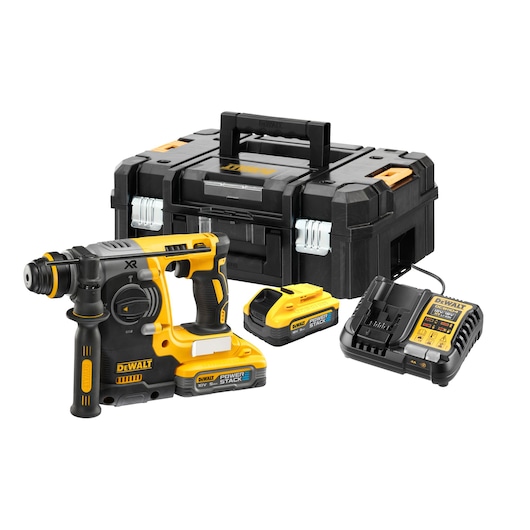 DEWALT cordless rotary hammer drill kit, including a yellow and black rotary hammer drill, two batteries, a charger, and a sturdy black carrying case.