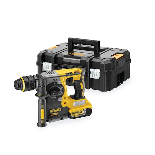 DEWALT cordless rotary hammer drill with battery and carrying case, shown on a white background.