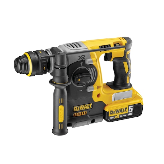 DEWALT cordless rotary hammer drill with side handle and 18V XR Li-Ion battery, shown on a white background.