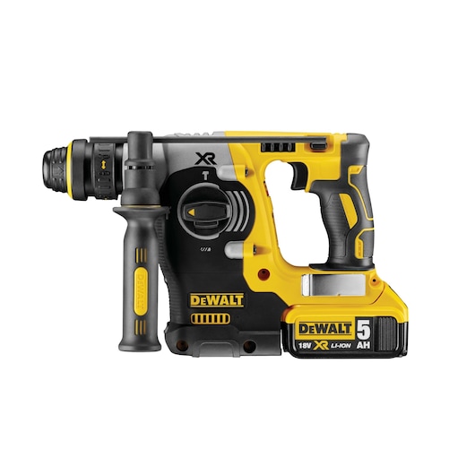 DEWALT cordless rotary hammer drill, yellow and black, 18V XR Li-Ion battery, side handle, model DCH274P2T.