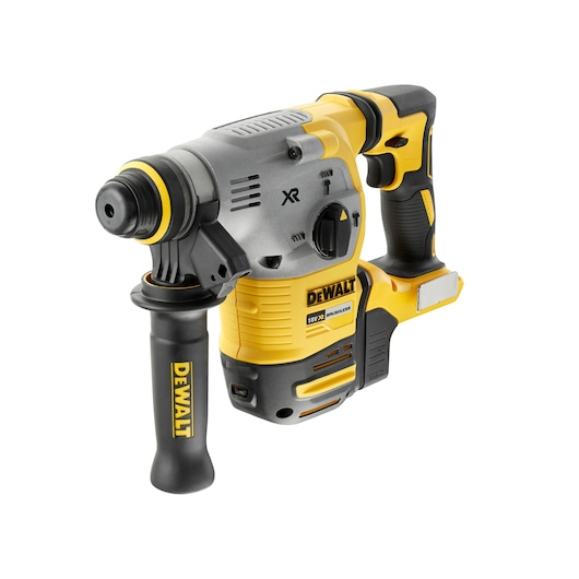Cordless DEWALT rotary hammer drill with side handle, yellow and black design, 18V model DCH283NT.